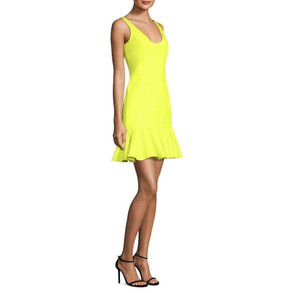MILLY Geneva Neon Yellow Scoop Neck Drop Waist Ruffle Peplum Mini Dress Size 10